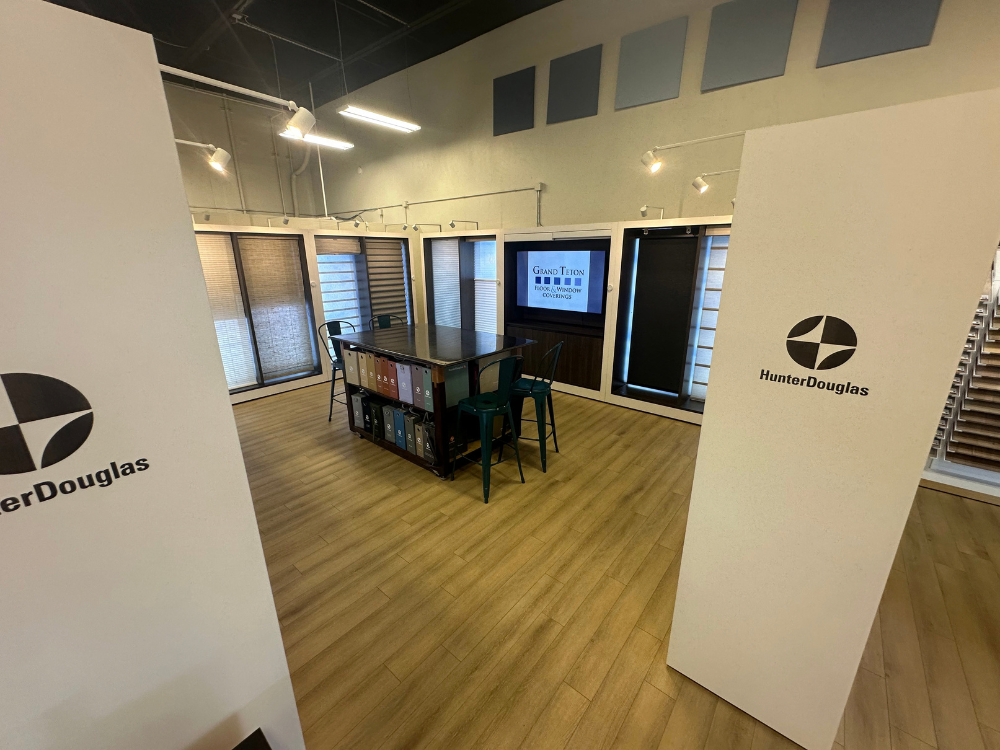 Window covering section at Grand Teton Floor & Window Coverings showroom, with Hunter Douglas products.